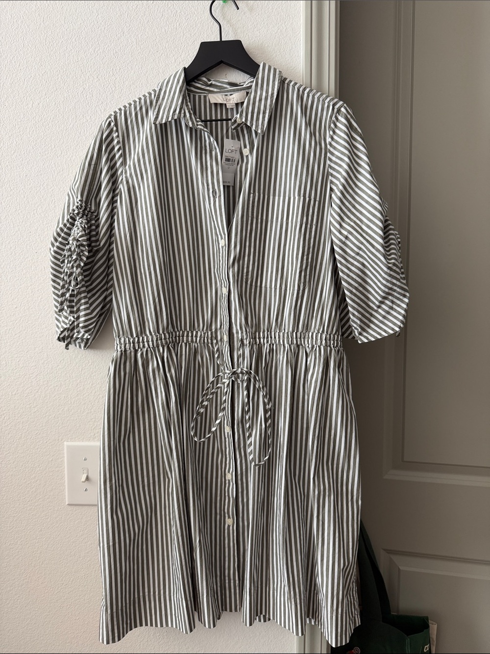 LOFT Gray and White Striped Button-Front Drawstring Midi Dress